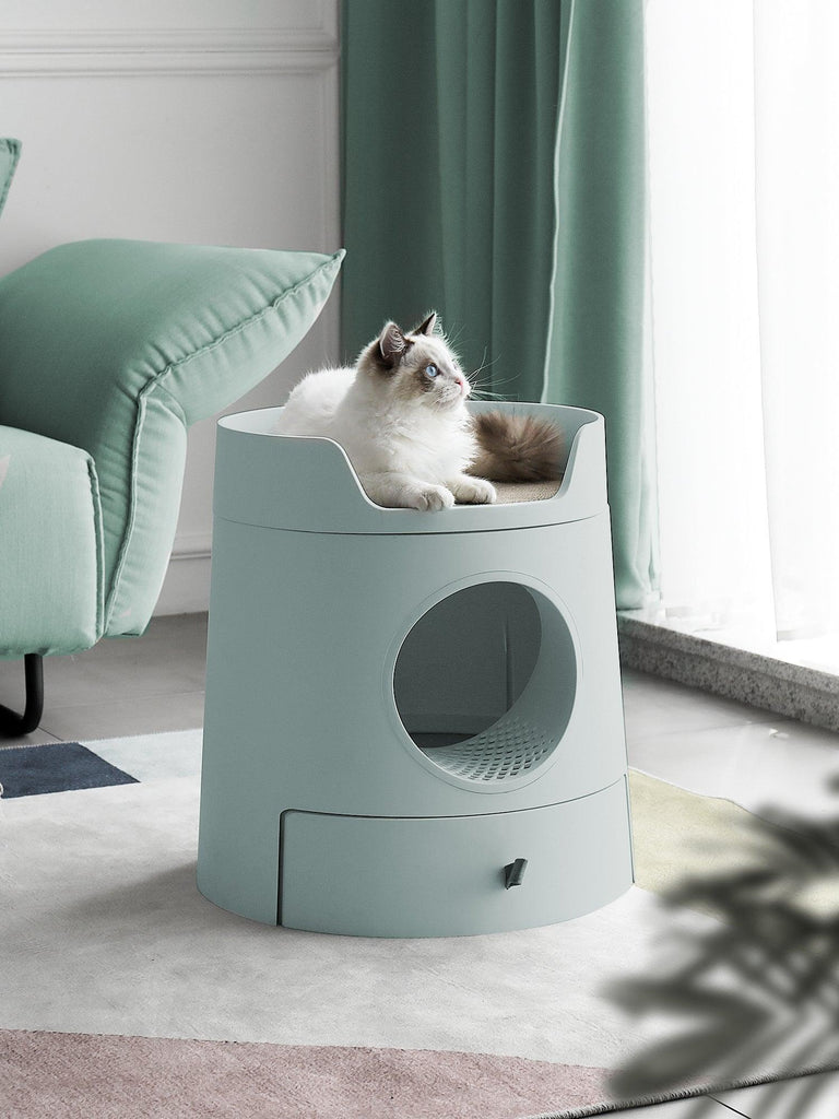Mayitwill XL Castle 2 in 1 Front-Entry Cat Litter Box with Scratch Basin, Scoop included, Morandi Green - Furrytail