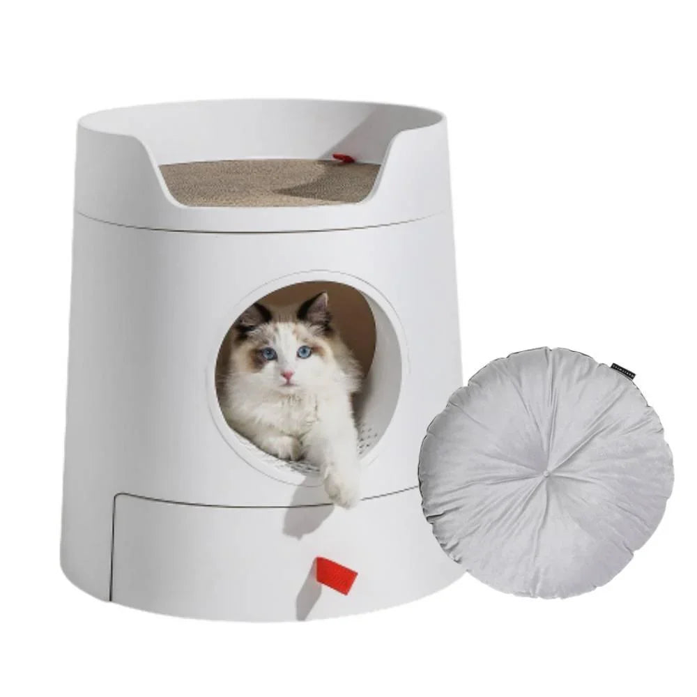 Mayitwill XL Castle 2-in-1 Semi- Closed Cat Litter Box with Scratch Pad in White - Michu Australia