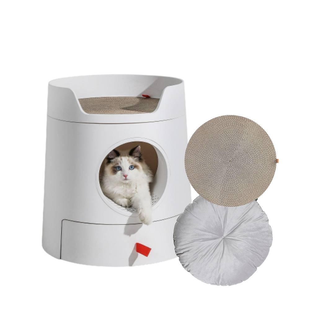 Mayitwill XL Castle 2-in-1 Semi- Closed Cat Litter Box with Scratch Pad in White - Michu Australia